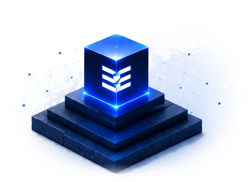 Blue Foundations cube on a stepped foundation within a network